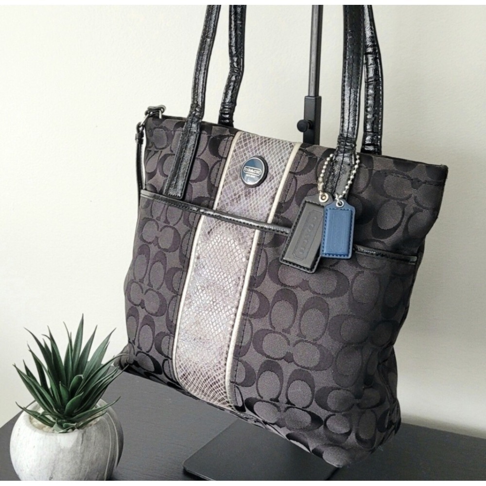 Coach Signature Stripe Tote F25706 Snake-Embossed Panel Black Gray‎ Canvas